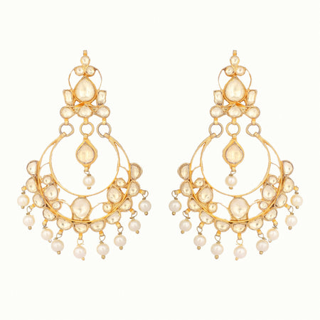 Nuyug 22K Gold Plated Kundan Studded Contemporary Shaped Pearl Drop Chandbalis