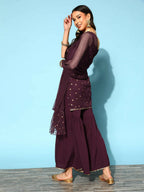 Ahalyaa Women Wine Colour Crepe Gold Printed Kurta Sharara Set - Distacart