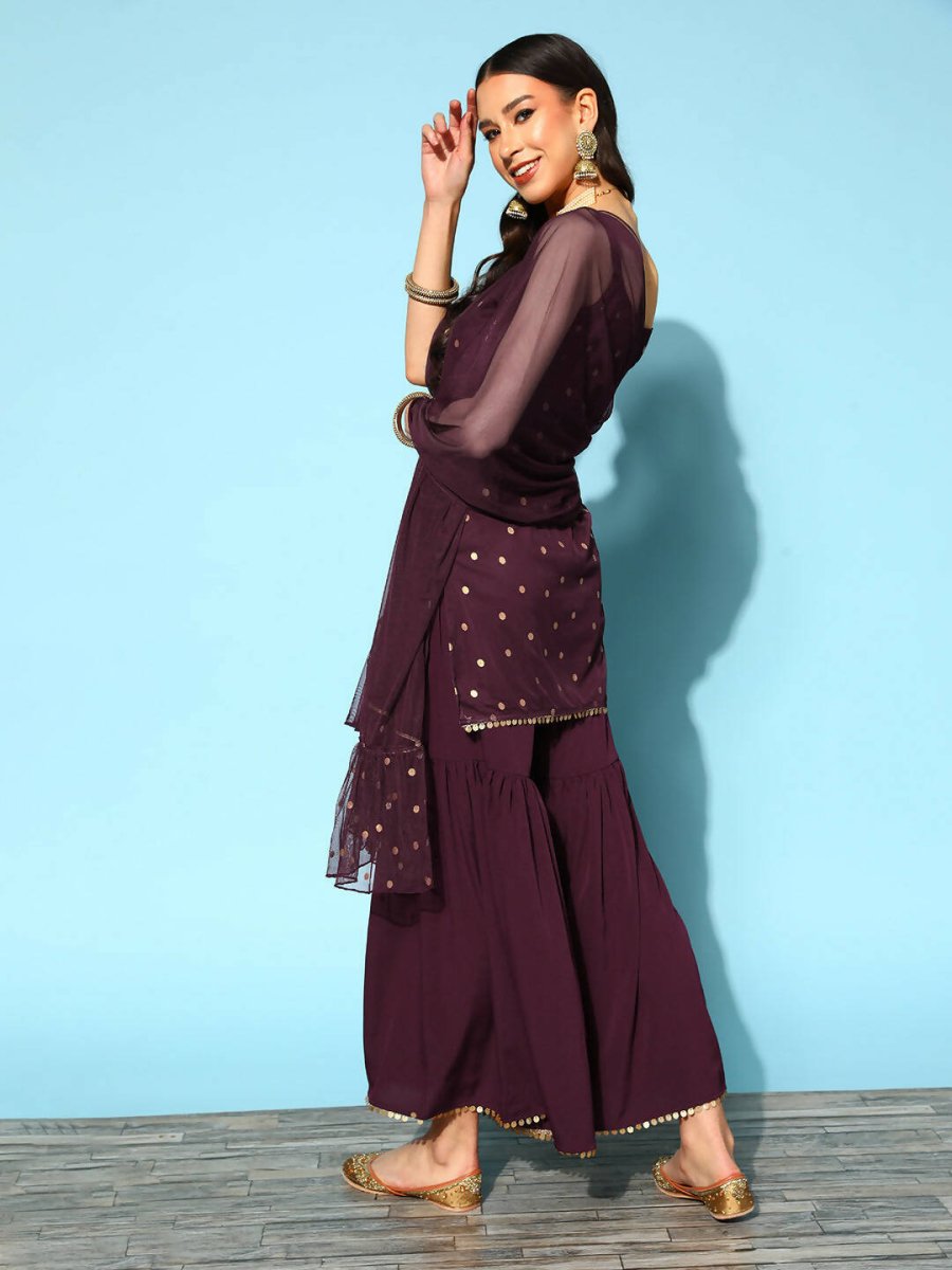Ahalyaa Women Wine Colour Crepe Gold Printed Kurta Sharara Set - Distacart