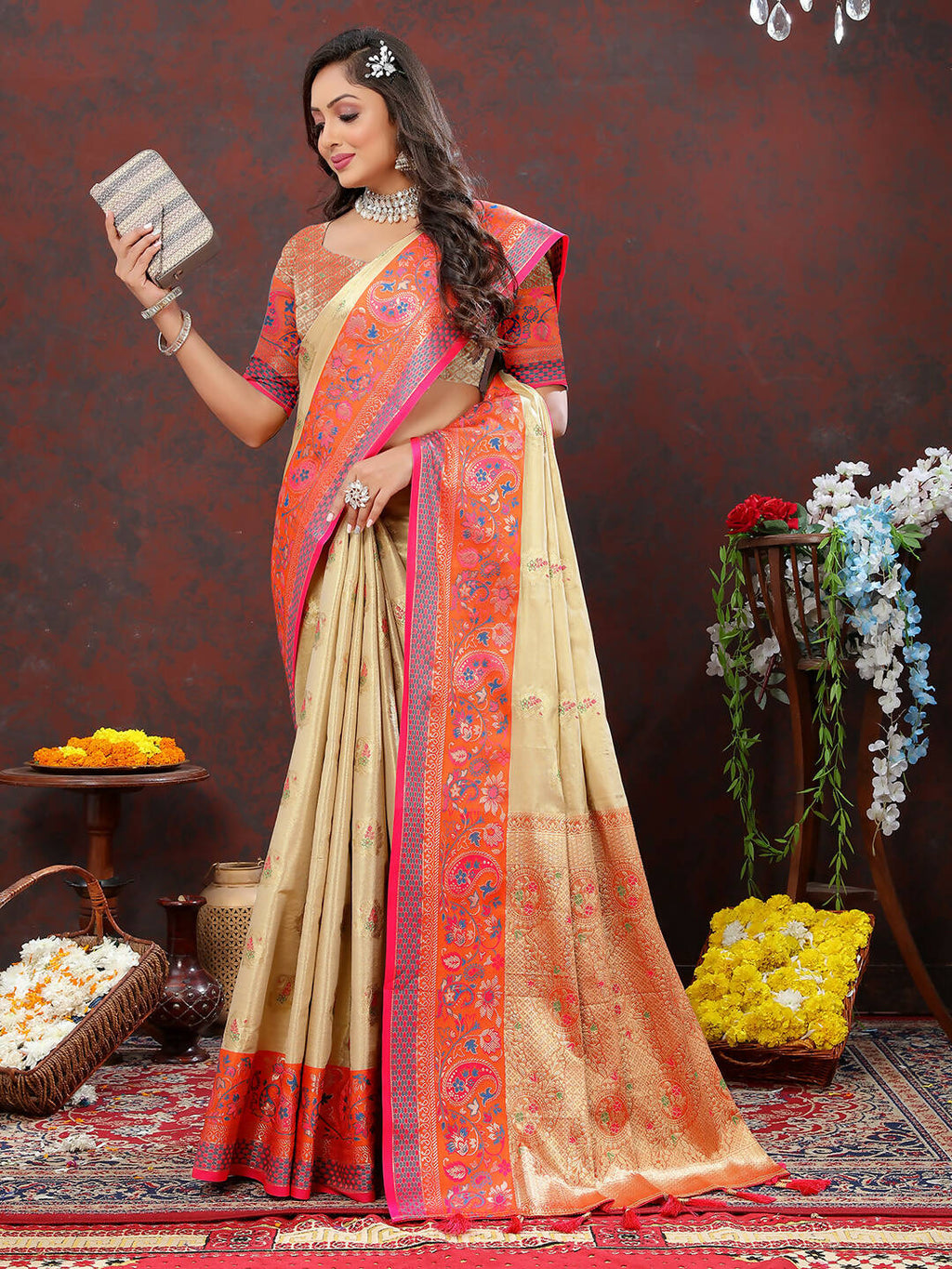 Lorenvalley Fashion Cream Kanjivaram Silk Woven Design with Zari Weaving Saree
