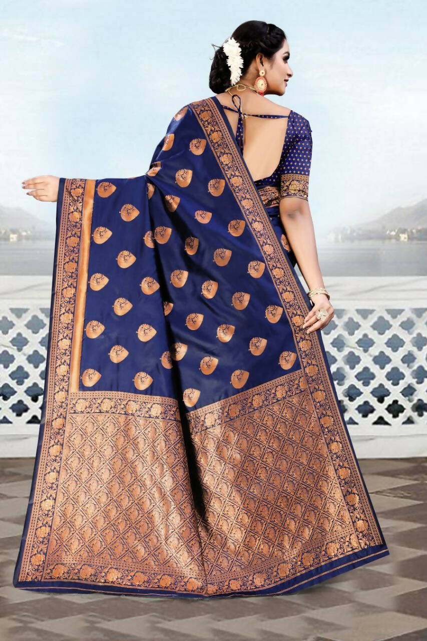 DEIANA'S Beautiful Designer Golden zari Soft Lichi Silk Saree - Blue