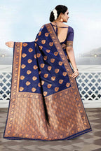 DEIANA'S Beautiful Designer Golden zari Soft Lichi Silk Saree - Blue