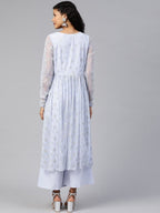 Ahalyaa Women's Blue Net Silver Glitter Printed Kurta Palazzo Set - Distacart