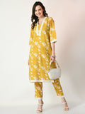 Myshka Women's Yellow Printed Kurta With Trousers