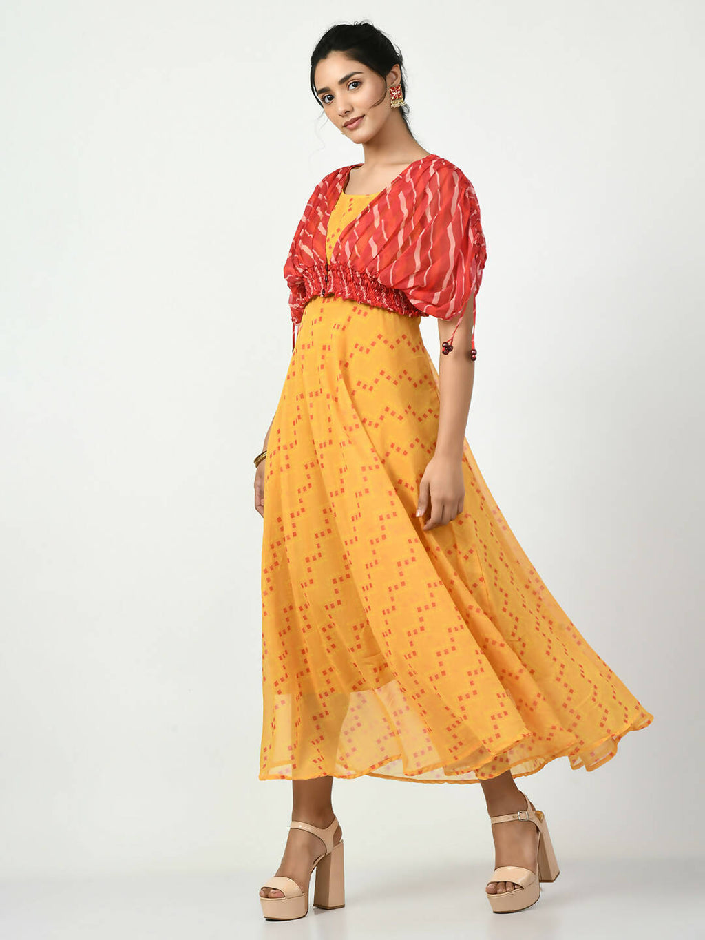 Myshka Women's Yellow Empire Printed Dress - Distacart