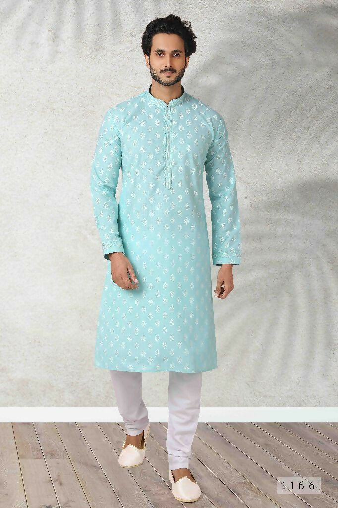 Raivat Ethnic Cotton Printed Work Kurta Pajama In Sea Green Colour