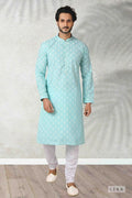 Raivat Ethnic Cotton Printed Work Kurta Pajama In Sea Green Colour
