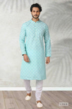 Raivat Ethnic Cotton Printed Work Kurta Pajama In Sea Green Colour