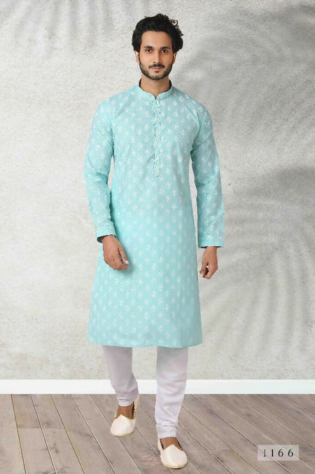 Raivat Ethnic Cotton Printed Work Kurta Pajama In Sea Green Colour