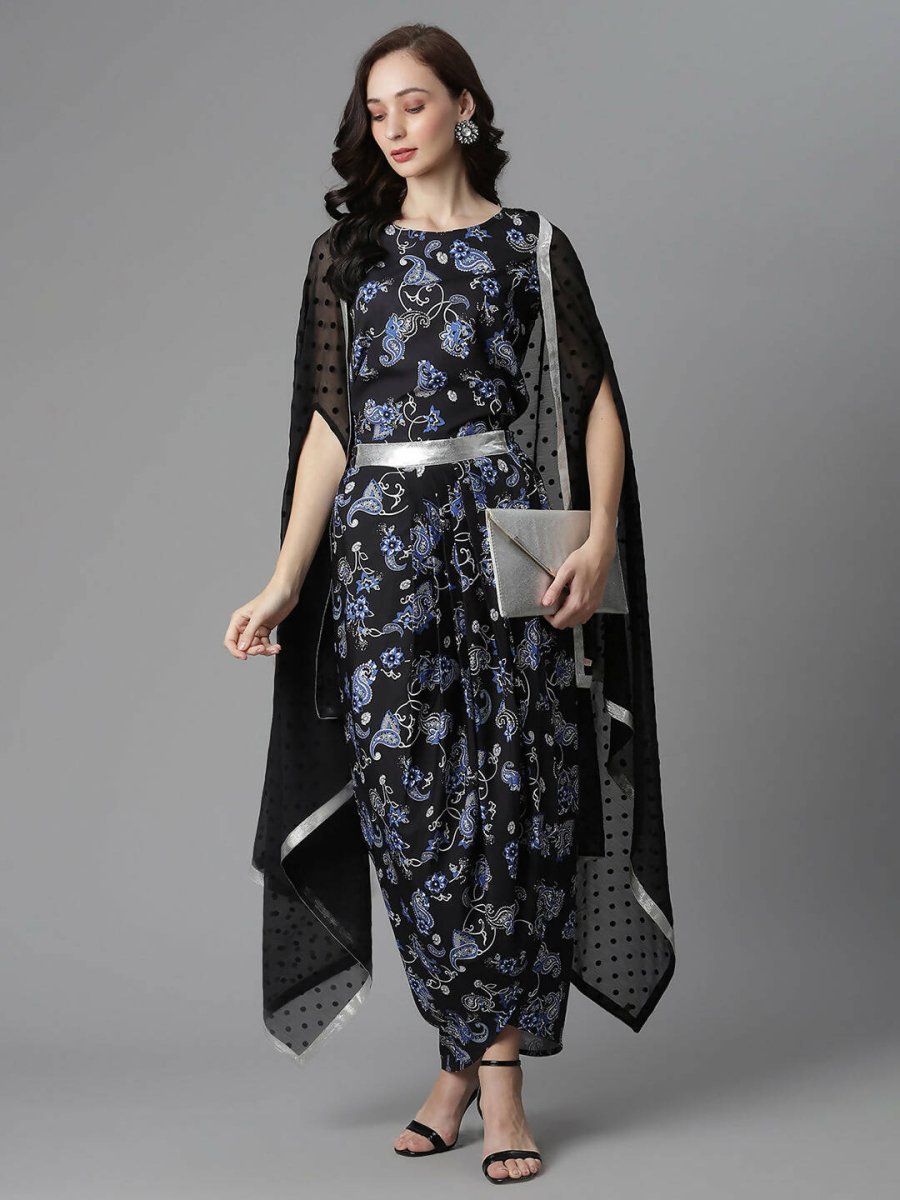Ahalyaa Women's Black Color Crepe Digital Print Top Skirt With Shrug - Distacart
