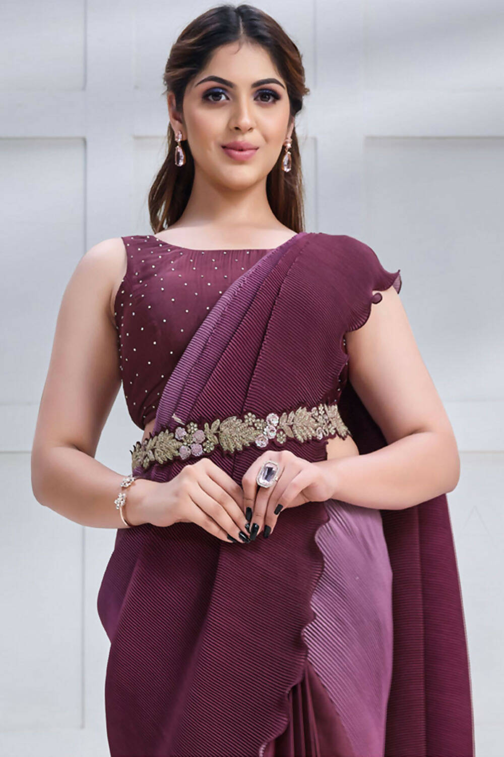 Wine Crepe satin silk Texture with Cord & Sequence Embroidered and Stone work Saree - Mohmanthan Majestica