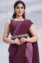 Wine Crepe satin silk Texture with Cord & Sequence Embroidered and Stone work Saree - Mohmanthan Majestica