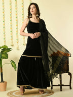 Myshka Women's Black Velvet Kurti & Sharara With Dupatta Party Sets