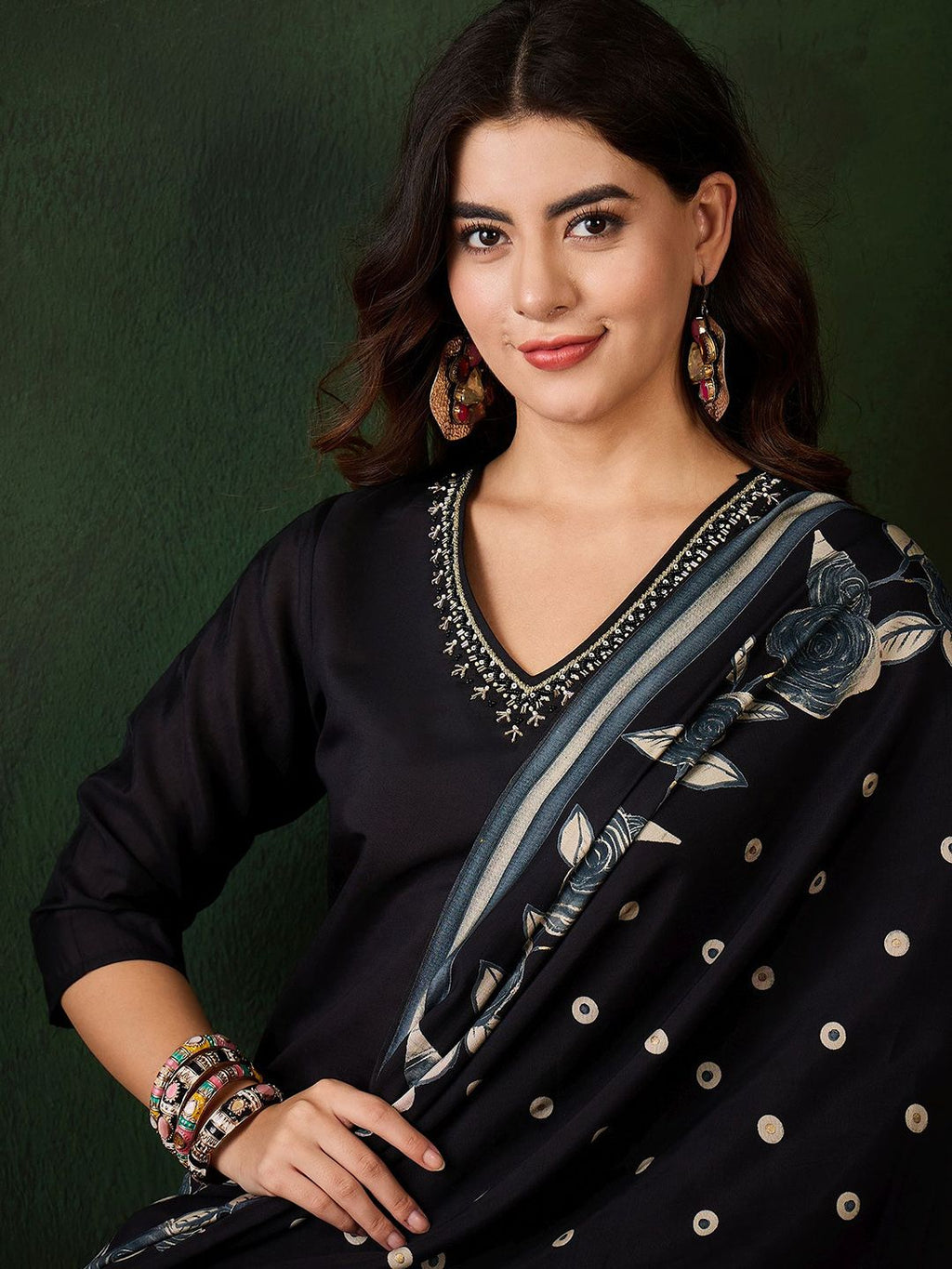 Sangria Floral Printed Sequinned V-Neck Straight Kurta & Trouser With Dupatta