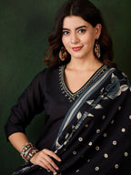 Sangria Floral Printed Sequinned V-Neck Straight Kurta & Trouser With Dupatta