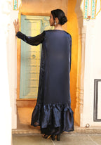 Navy Blue Tom Silk Plain Ready To Wear Saree With Stitched Blouse - Satiksha