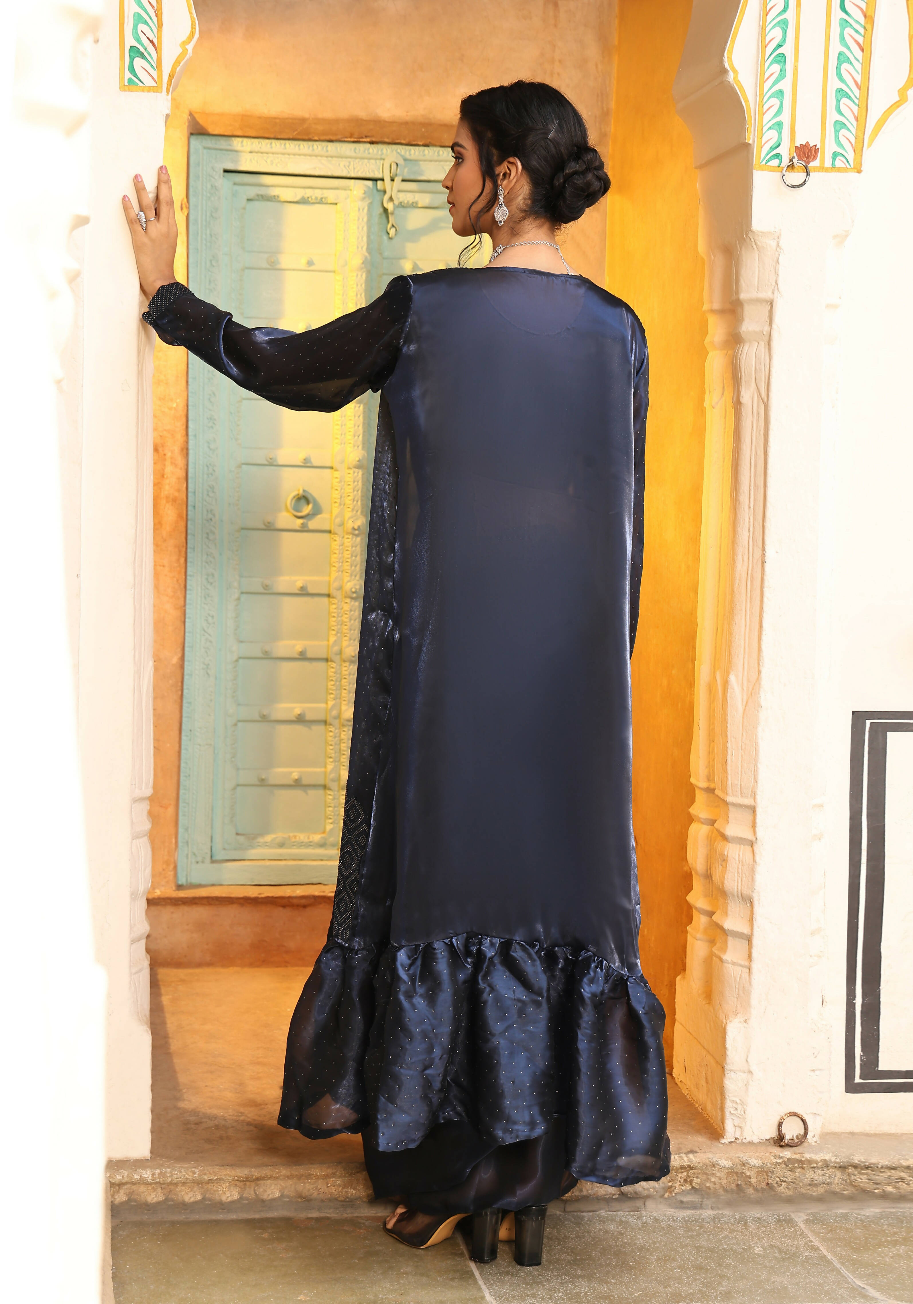 Navy Blue Tom Silk Plain Ready To Wear Saree With Stitched Blouse - Satiksha
