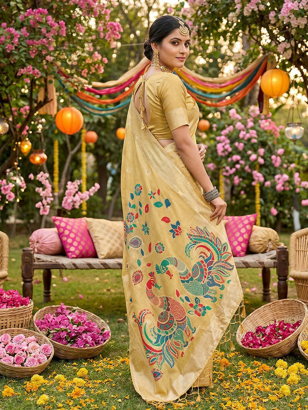 Shree Shyam Fashion Yellow Linen Cotton Saree - Distacart