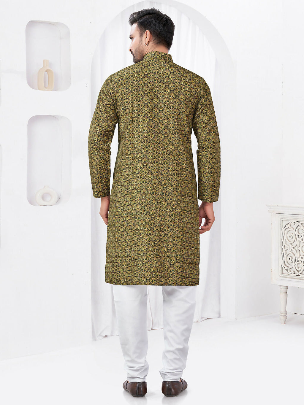 Joban Fashion Men's Rayon Cotton Olive Printed Kurta Pyjama set