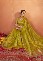 Green Organza Silk Woven Design Saree With Unstitched Blouse Piece - Norita Royal Pradha