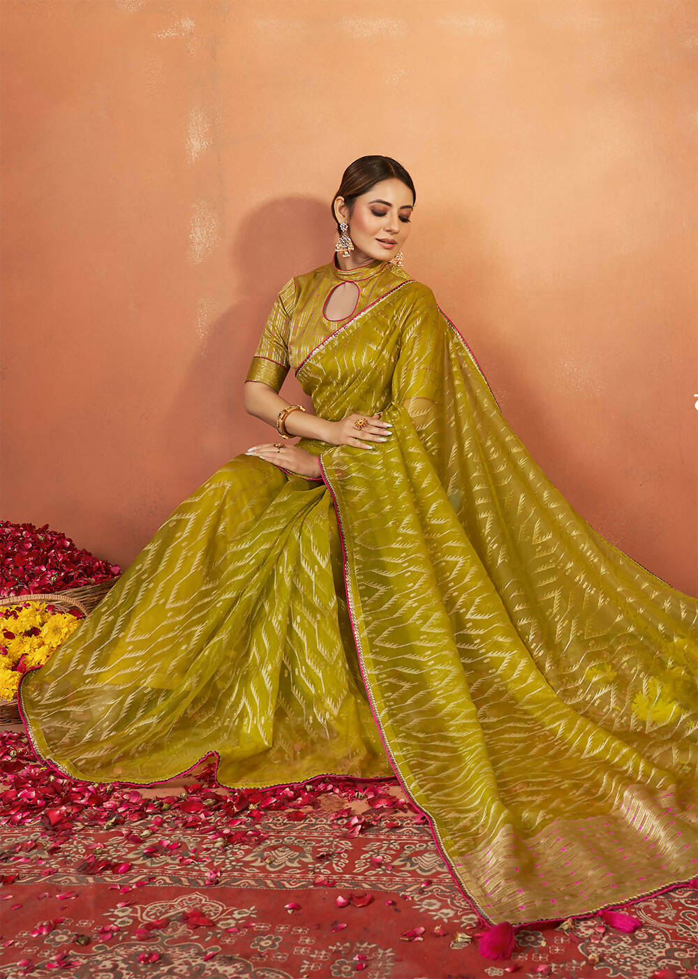 Green Organza Silk Woven Design Saree With Unstitched Blouse Piece - Norita Royal Pradha