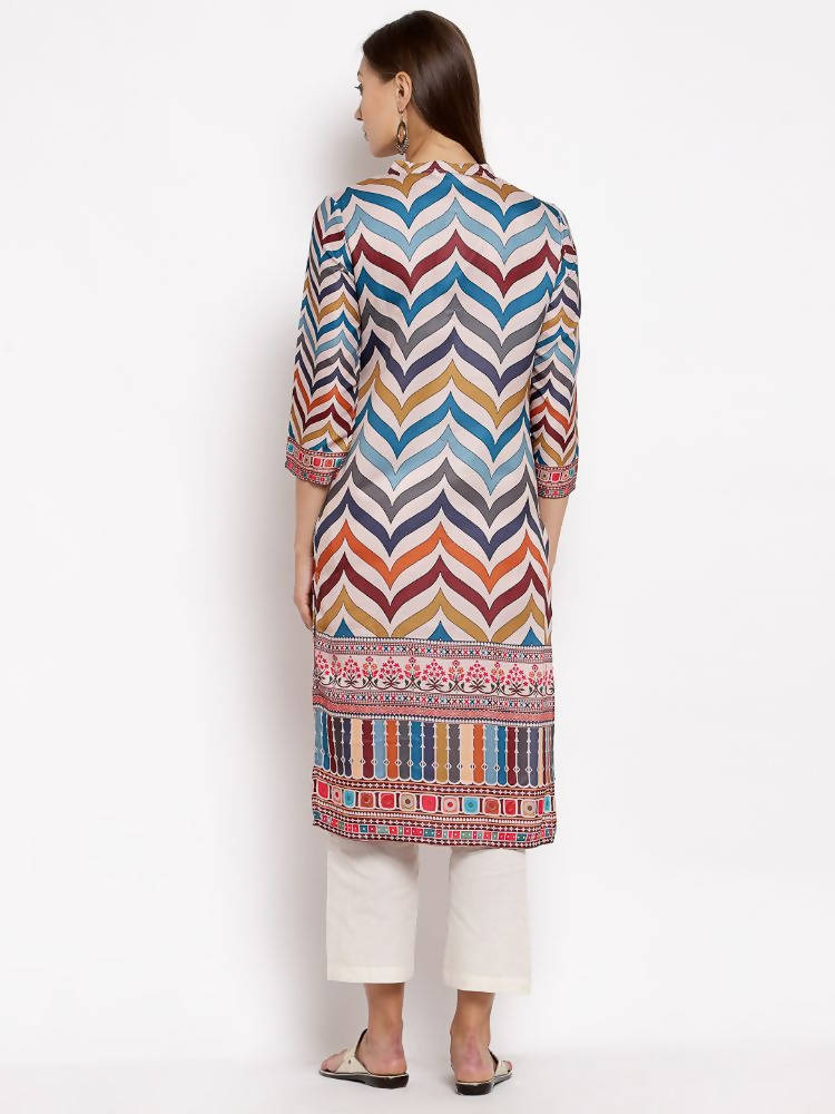 Myshka Women's Multi Silk Printed 3/4 Sleeve Round Neck Casual Kurta