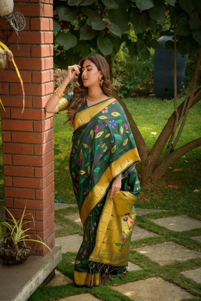 Jyoti Fashion Women's Bottle Green Paithani Silk Zari Woven Saree with Blouse