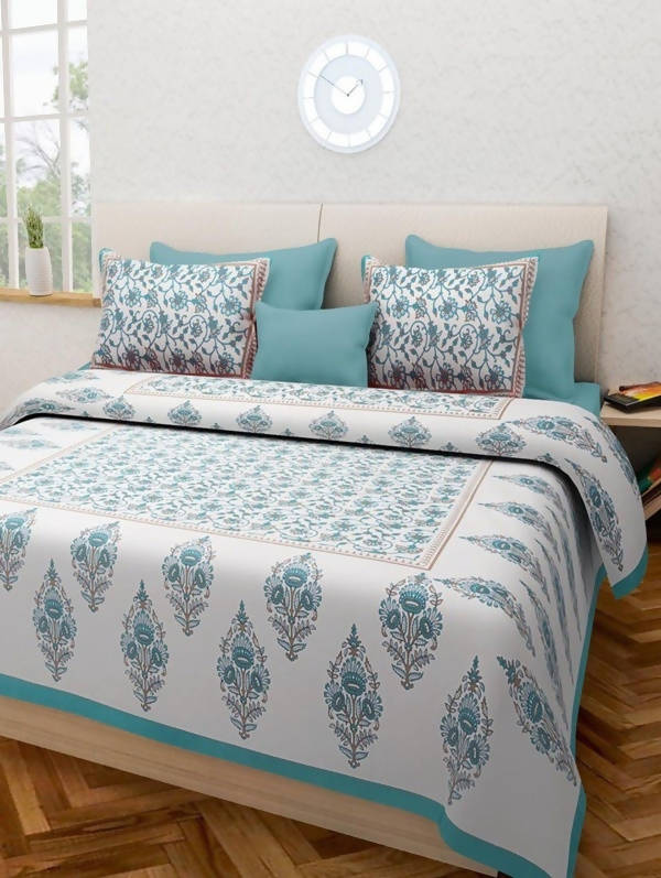 Vamika Printed White & Sea Green Cotton White Bedsheet With Pillow Covers (LEOC_GMLA_SG)