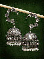 NVR Women's Silver Plated Pearl Beaded Oxidised Contemporary Jhumka Earrings - Distacart