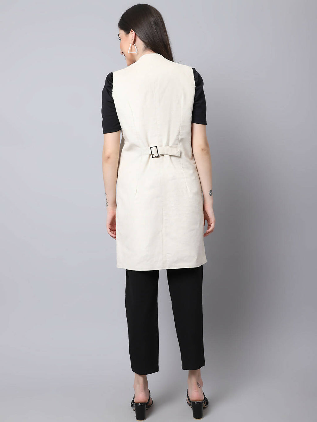 Even Apparels White Polywool Open Front Corduroy Women's Long Coat
