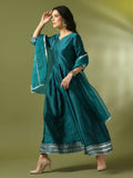 Myshka Women's Teal Solid Silk Anarkali Party Kurta With Dupatta