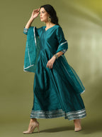 Myshka Women's Teal Solid Silk Anarkali Party Kurta With Dupatta