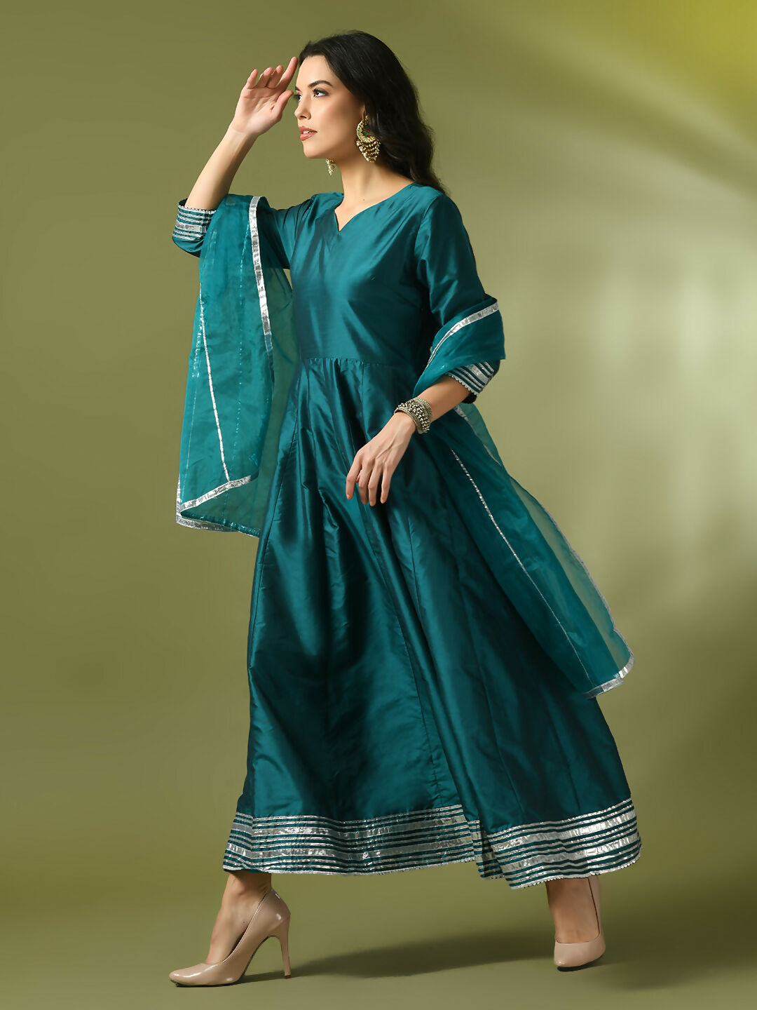 Myshka Women's Teal Solid Silk Anarkali Party Kurta With Dupatta