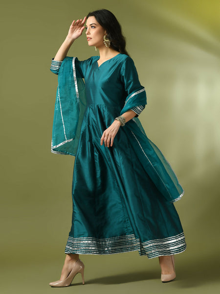 Myshka Women's Teal Solid Silk Anarkali Party Kurta With Dupatta