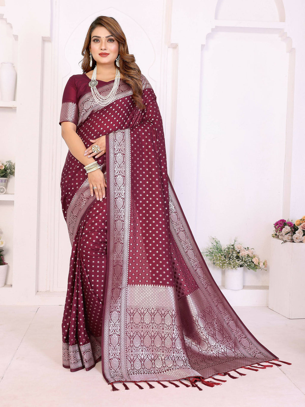 Aastha Fashion Wine Georgette Silk Zari Weaving Saree - Distacart