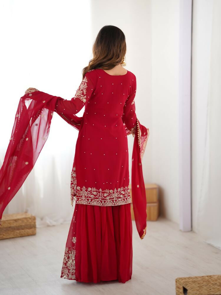 Lehenga Mart Designer Sharara Suit With Kurta, Sharara, Dupatta For Women-Red - Distacart