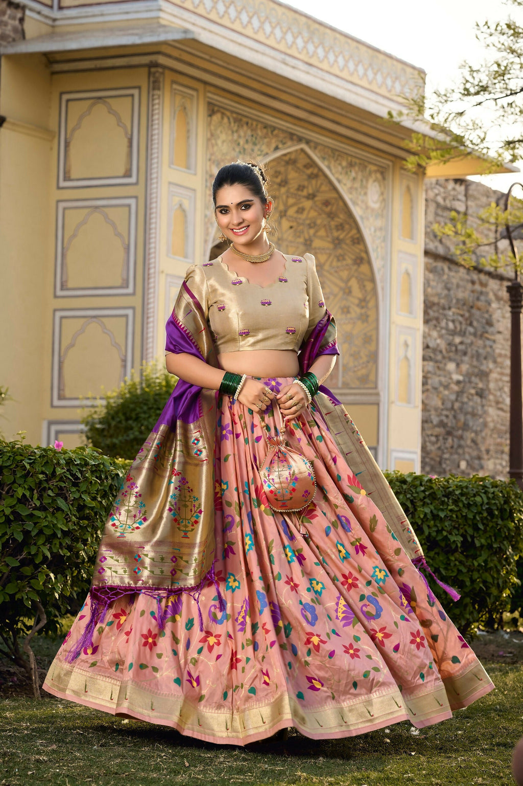 Vastranavya Traditional Jacquard Silk Paithani Lehenga Choli - Peach