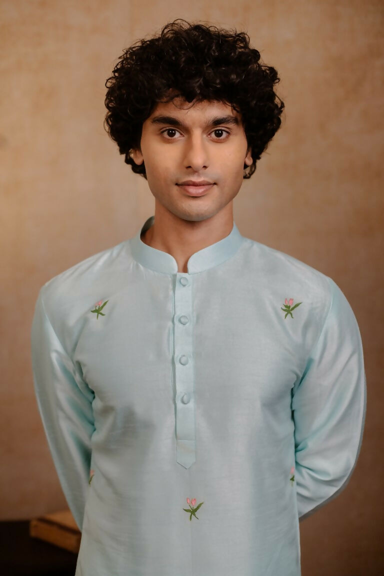 Falling Raw Silk Sea Green Vrindavan Lotus Kurta By Hilo Design