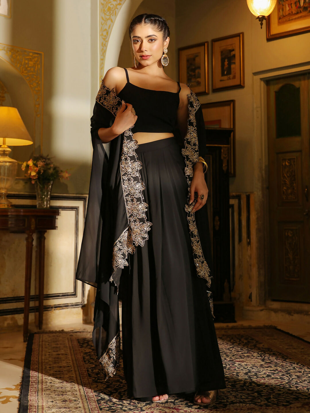 Janasya Black Georgette Solid Top Bottom Cape
