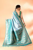 Joban Fashion Sky Blue & Rama Plain With Weaving Border Banarasi Silk Sarees