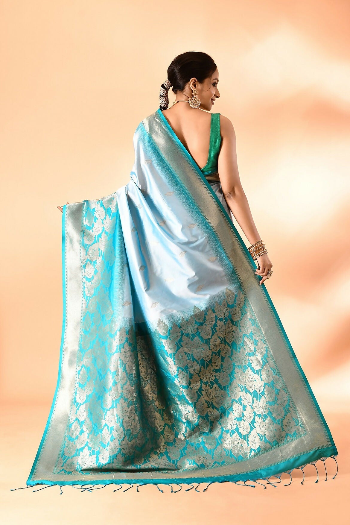 Joban Fashion Sky Blue & Rama Plain With Weaving Border Banarasi Silk Sarees