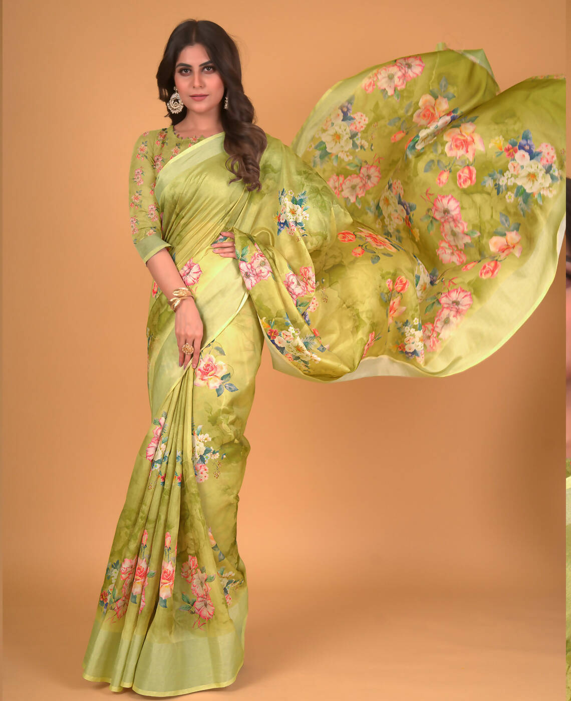 Green Cotton Silk Floral Printed Saree With Unstitched Blouse Piece - Akshita