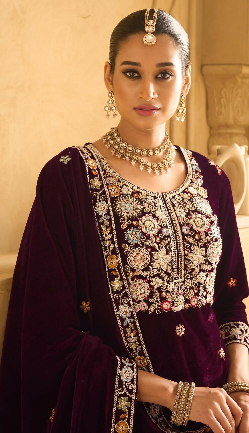 Anaita Maroon Embroidered Work Velvet Stitched Plazo Suit - Distacart