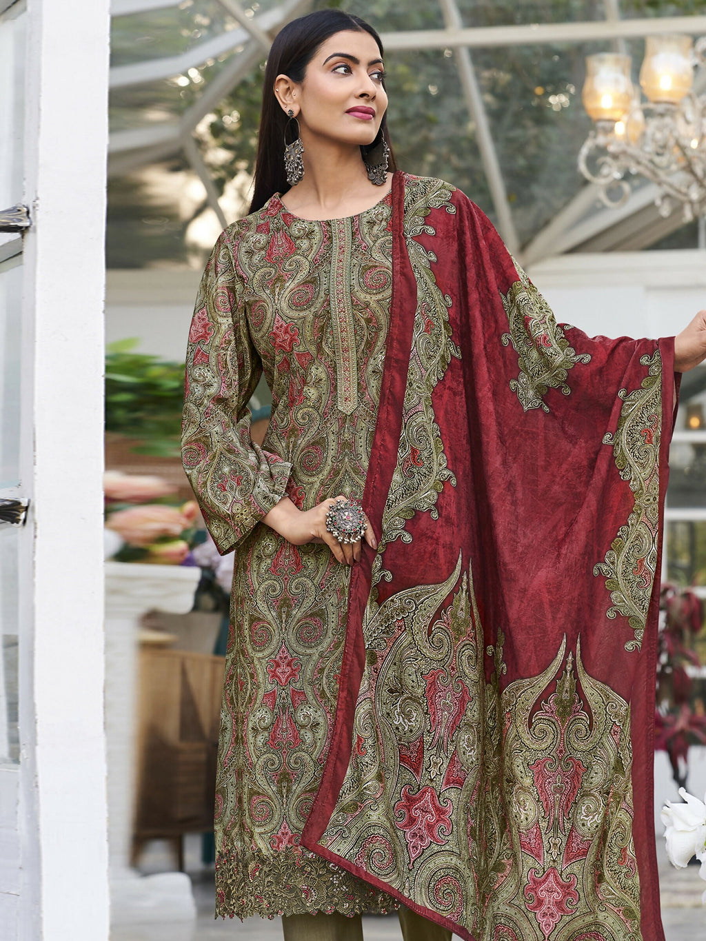 Jyoti Fashion Women's Green Velvet Digital Print with Resham Thread work Kurta with Trouser & Dupatta