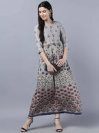 Myshka Women Grey Printed Ethnic Maxi Dress - Distacart