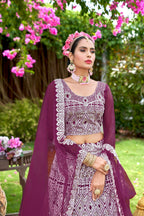 Purple Net Embroidered Semi Stitched Lehenga Choli with Dupatta - Bhagya