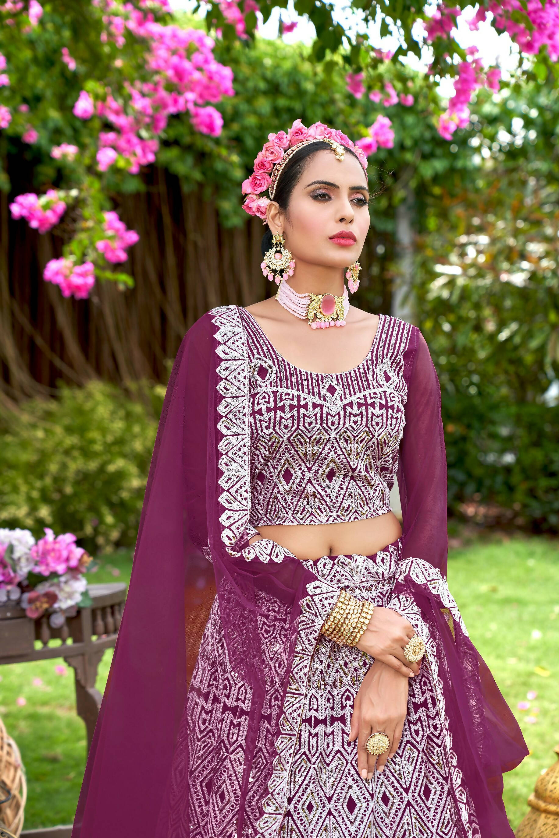 Purple Net Embroidered Semi Stitched Lehenga Choli with Dupatta - Bhagya