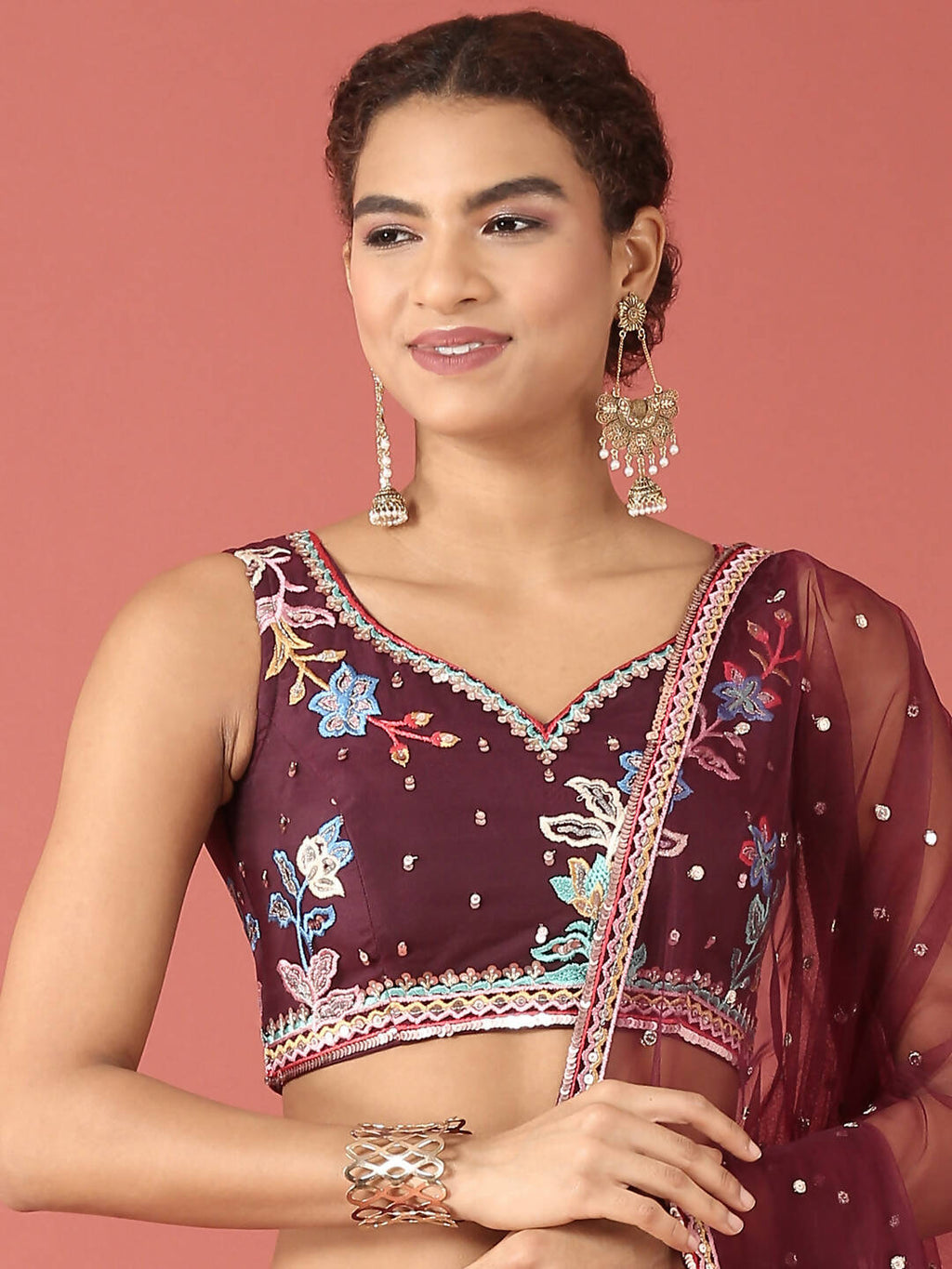 House of Panchhi Burgundy Net Multi colour Thread & Sequinse Work Lehenga & Blouse, Dupatta