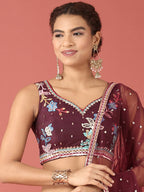 House of Panchhi Burgundy Net Multi colour Thread & Sequinse Work Lehenga & Blouse, Dupatta