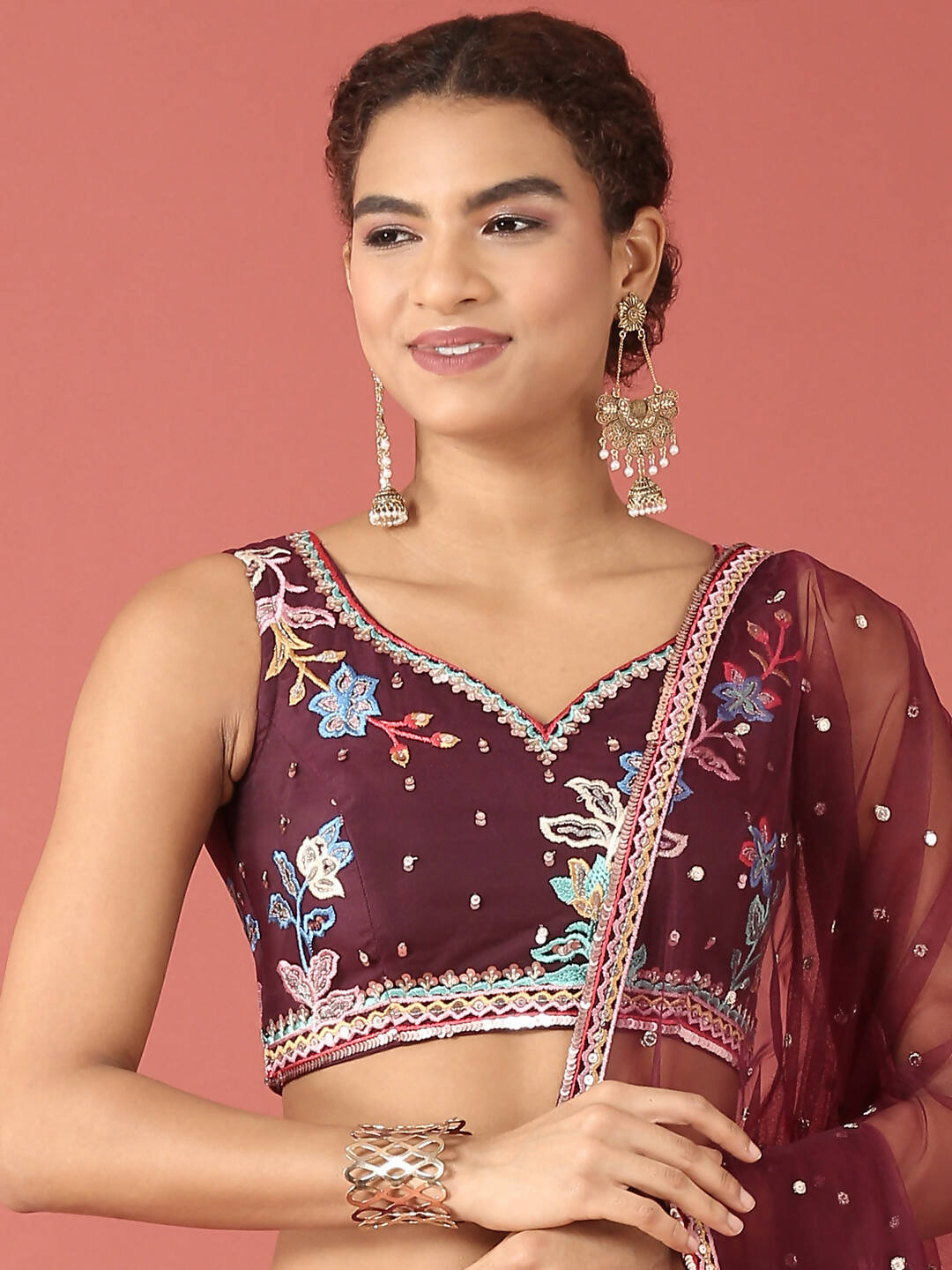 House of Panchhi Burgundy Net Multi colour Thread & Sequinse Work Lehenga & Blouse, Dupatta